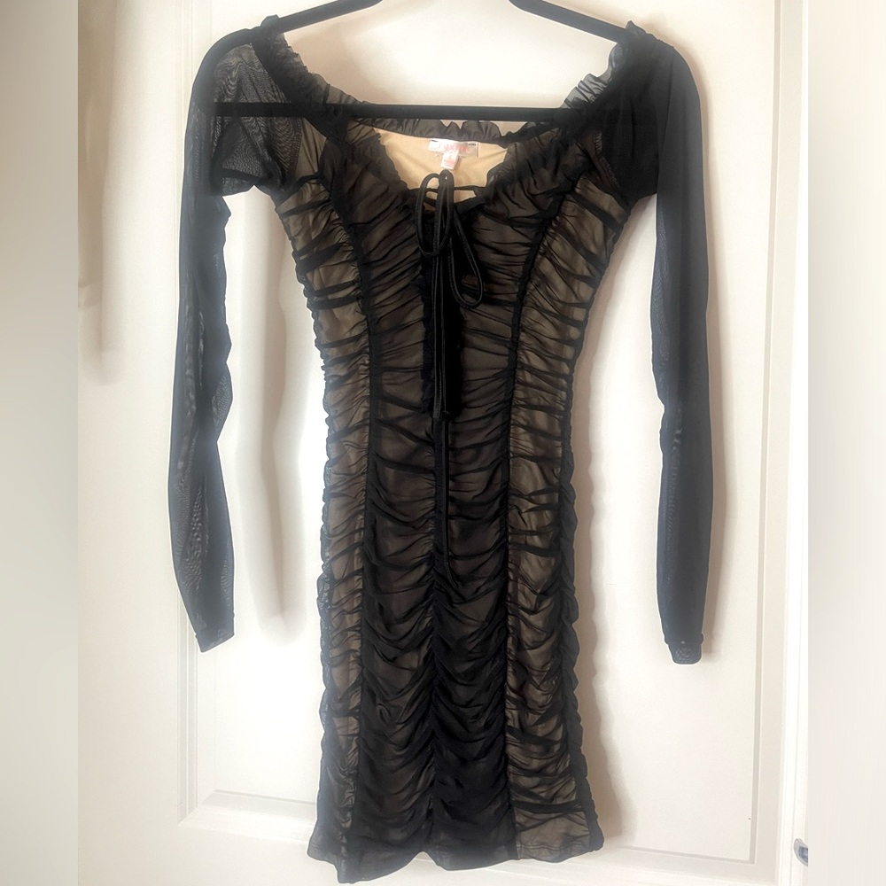 Women’s FashionNova Black and nude Mesh off the shoulder Dress‎